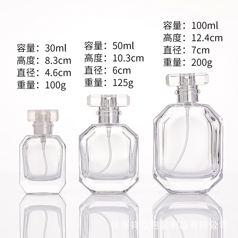 Botella de perfume exquisita de 30 ML en stock, muestra pequeña, cuadrada y de fondo grueso, viaje, bayoneta portátil, botella dividida, botella de vidrio en aerosol