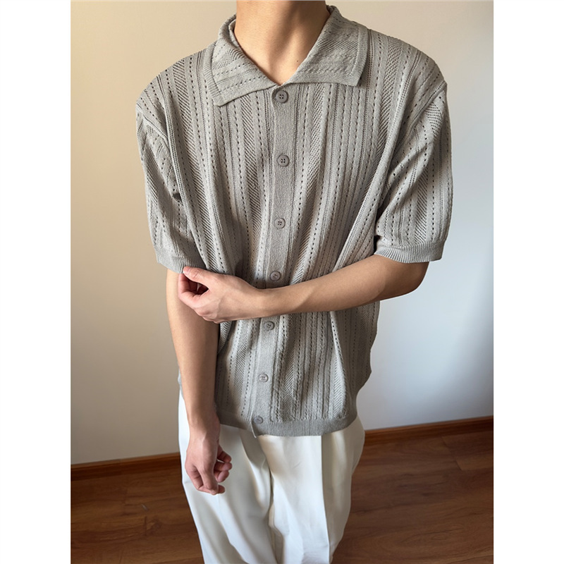 2025 Summer Vintage Old Money Knitted Hollow Short Sleeve Shirt boxy Short Wide Cleanfit Casual Top Half Sleeve