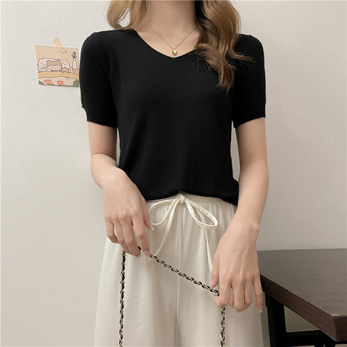 Summer solid color V-neck stylish loose thin casual cool feeling short sleeve women's knitted shirt