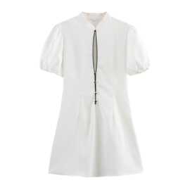 外贸2025欧美夏季新款气质时尚新中式系带白色修身连衣裙女8500