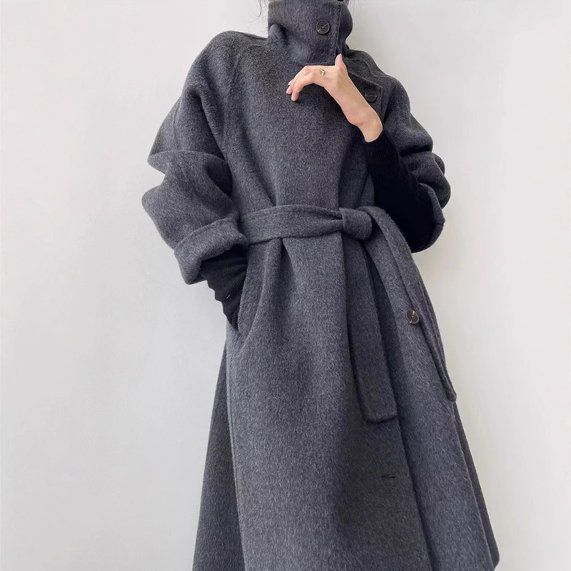 Tongxiang Puyuan 2025 Autumn/Winter New Double-Sided Wool Coat for Women, Long Stand Collar, Elegant High-End Woolen Jacket