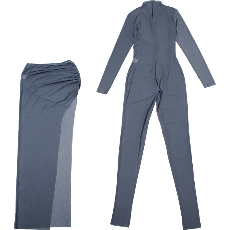 Fall Women Clothing Personality Round Neck Long Sleeve Slim Fit Slimming Jumpsuit Pleated Mid Length Skirt Set Women