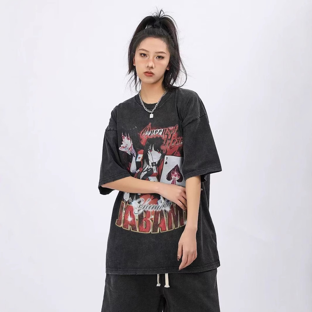 2025 primavera y verano nuevos productos de lavado de agua para hacer vieja impresión blanca masculina camiseta de manga corta suelta marca de moda retro t camiseta de base universal