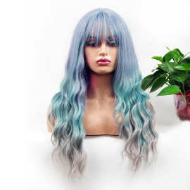 跨境欧美亚马逊长卷发 蓝灰渐变色卷发hair化纤 wigs假发全头套