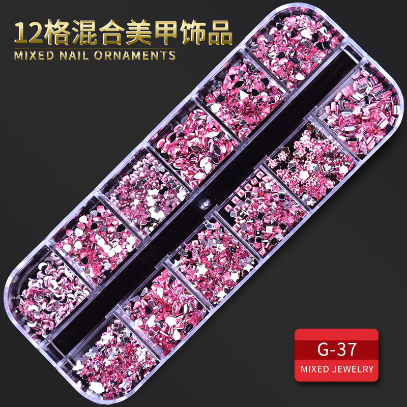 Juego completo transfronterizo de 12 compartimientos de remaches de metal, diamantes de imitación, Xingyue, piezas de concha de diamantes, accesorios para uñas, adornos para uñas