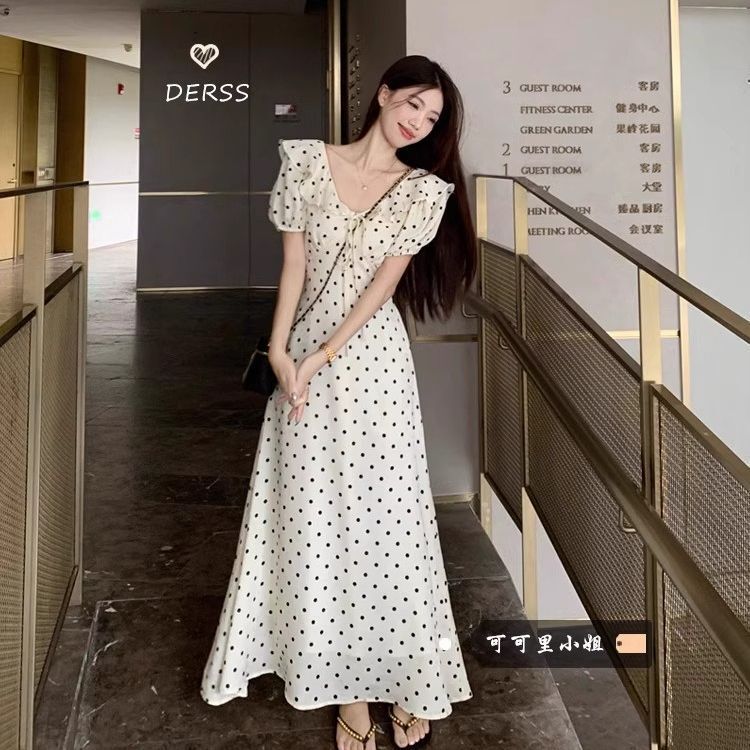 French Lace-Up Puff-Sleeved Polka-Dot Dress for Women Summer New Style Ruffled Waist Slimming Chic Long Skirt French Lace-Up Puff-Sleeved Polka-Dot Dress for Women Summer New Style Ruffled Waist Slimming Chic Long Skirt
