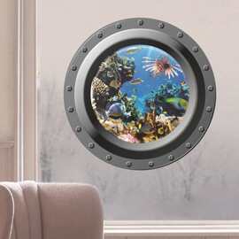 潜水艇海底世界珊瑚水草可移除墙贴3D假窗户客厅卧室背景贴画w004