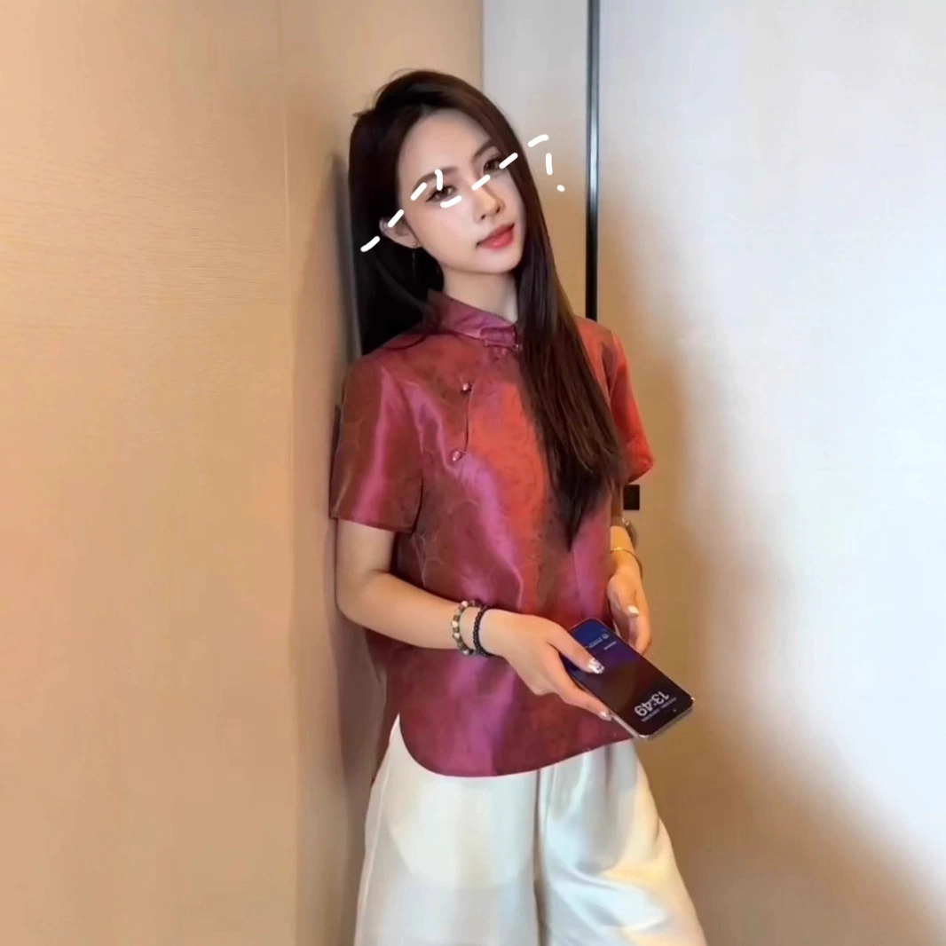 Nanyou оптовая продажа, новый китайский стиль, национальный стиль, высококачественная блузка из шелкового шелка с асимметричным воротником, розово-красный шелк шелковицы.