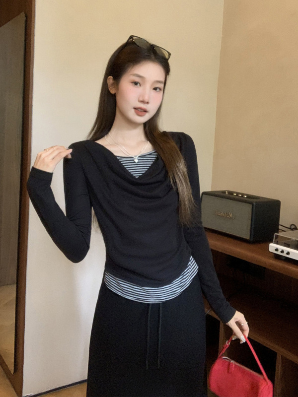 荡领撞色拼接假两件长袖T恤女早秋穿搭内搭打底抽褶修身显瘦上衣|undefined