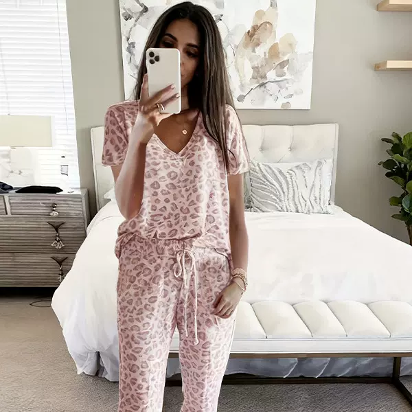 外贸跨境亚马逊新款秋冬V领短袖家居服舒服休闲多色外出两穿睡衣