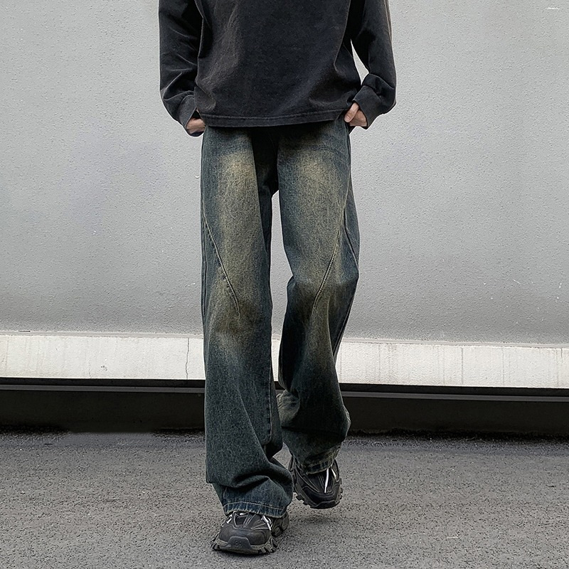 American-style High Street Jeans Men's Autumn cleanfit Heavy-weight Retro Micro-pants Trendy Brand Loose Straight Wide-leg Pants