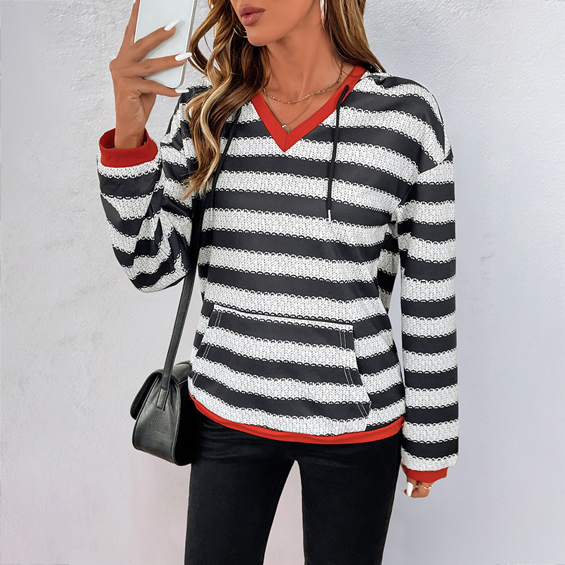 Women Clothing Contrast Color Striped Sweatshirt Autumn Pullover Casual Hooded Top Women