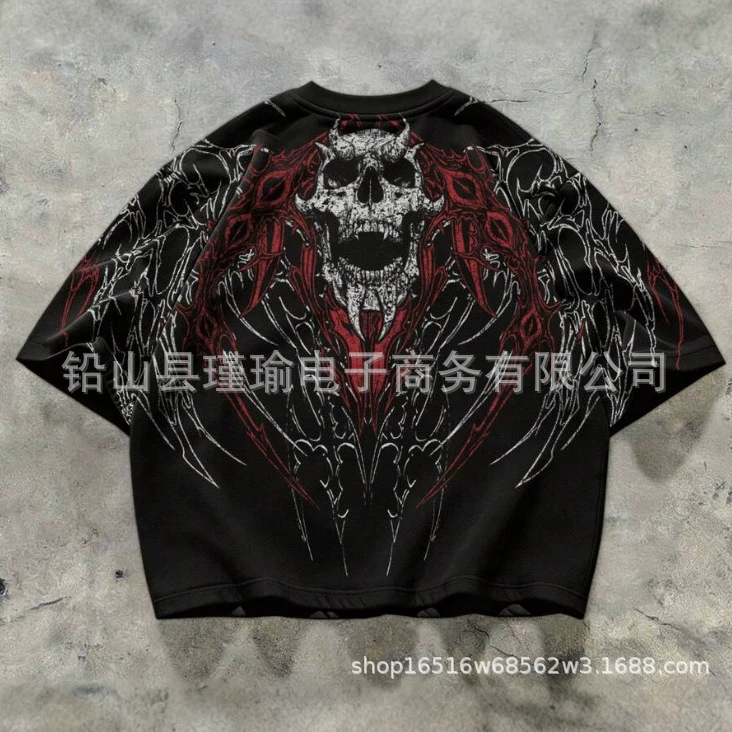 Cross-Border Y2K American Retro Skull Print T-Shirt High Street Oversize Trendy Brand Unisex Top