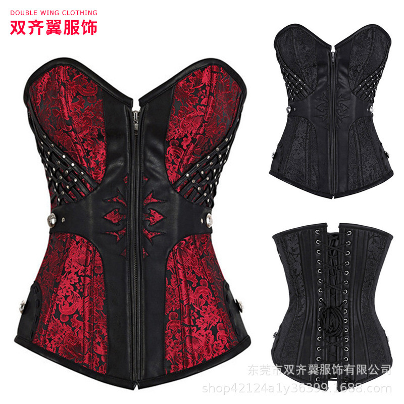 Women vintage steampunk leather front and back closure steel bone Gothic court shapewear waistcoat corset