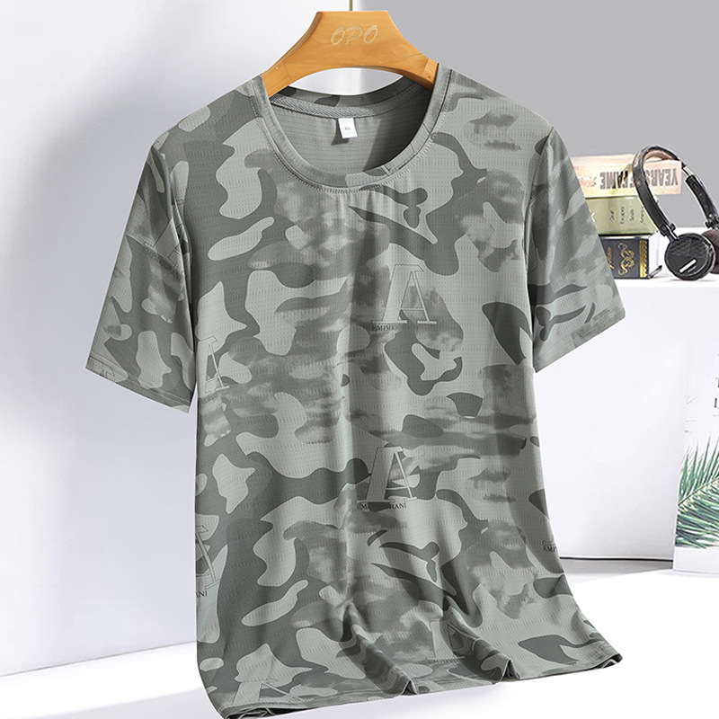 Verano estiramiento de secado rápido de seda de hielo Camiseta de manga corta de los hombres de camuflaje de cuello redondo de media manga de hielo camiseta de moda delgada camisa de aire acondicionado