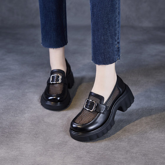 Mesh Platform Loafers Women's 2025 Spring and Summer New Genuine Leather Breathable Mesh Shoes Slip-on Single Shoes