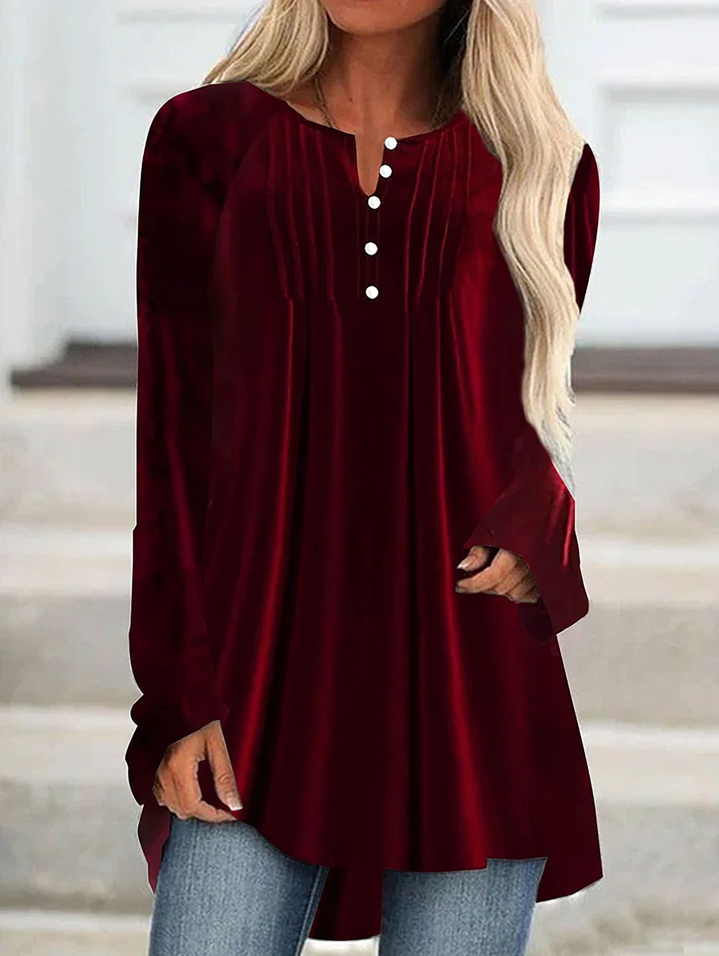 2026 European American Women's Fashion Autumn New V-neck Buttoned Velvet Long-sleeve Shirt With Chest Pleats And_ecoleips.com