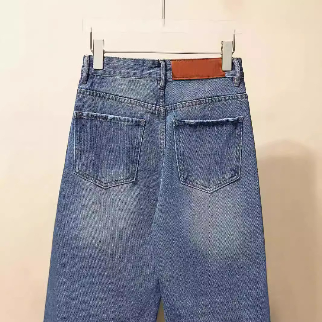 유럽과 미국 역 중산 청바지 2024 가을과 겨울 로이 홈 불타는 꽃 로고 스트레이트 청바지 여성 조커