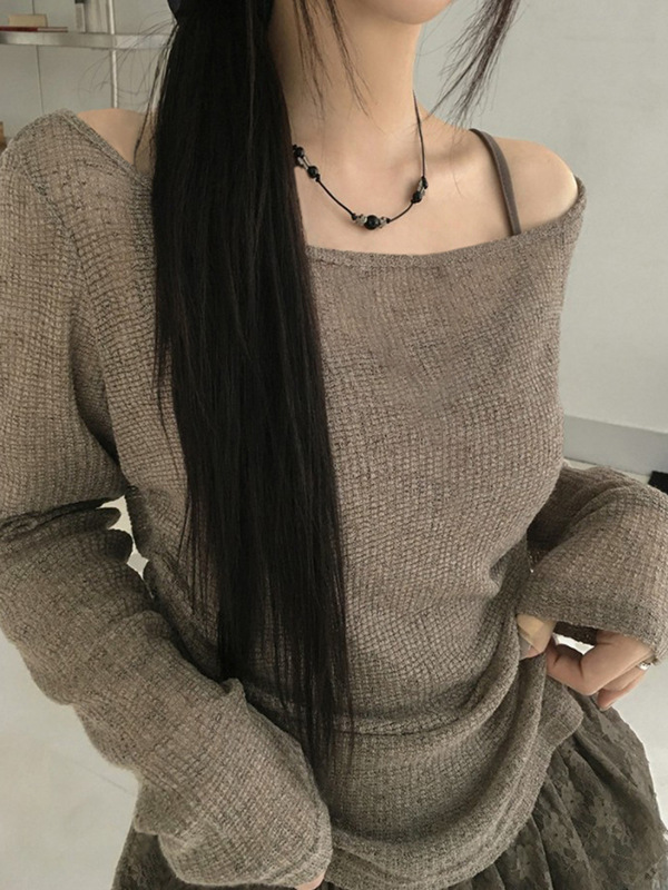 欧美甜美清新风蝴蝶结拼接抽褶蕾丝纯欲风温柔修身长袖单肩上衣|undefined