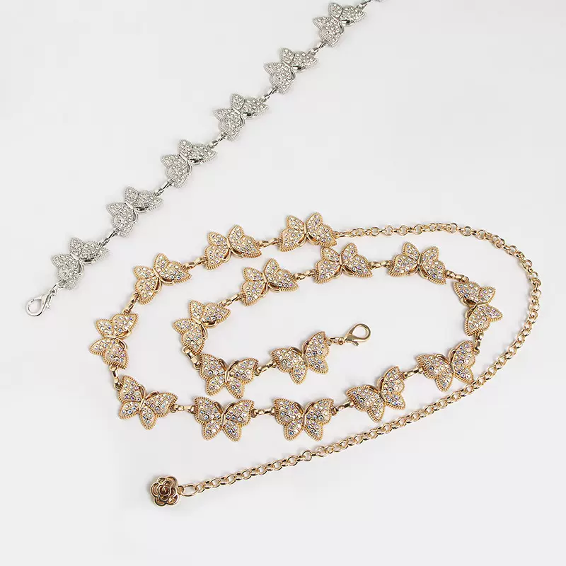 新款金属甜美女腰链跨境春季裙子百搭重工年轻优雅水钻蝴蝶腰链