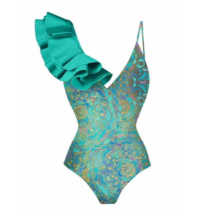 Dames badpak met ruches en etnische print en wikkel-design_voghion.com