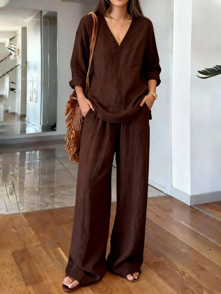 Casual Washed Cotton V Neck Pullover And Trouser Set For Women_voghion.com