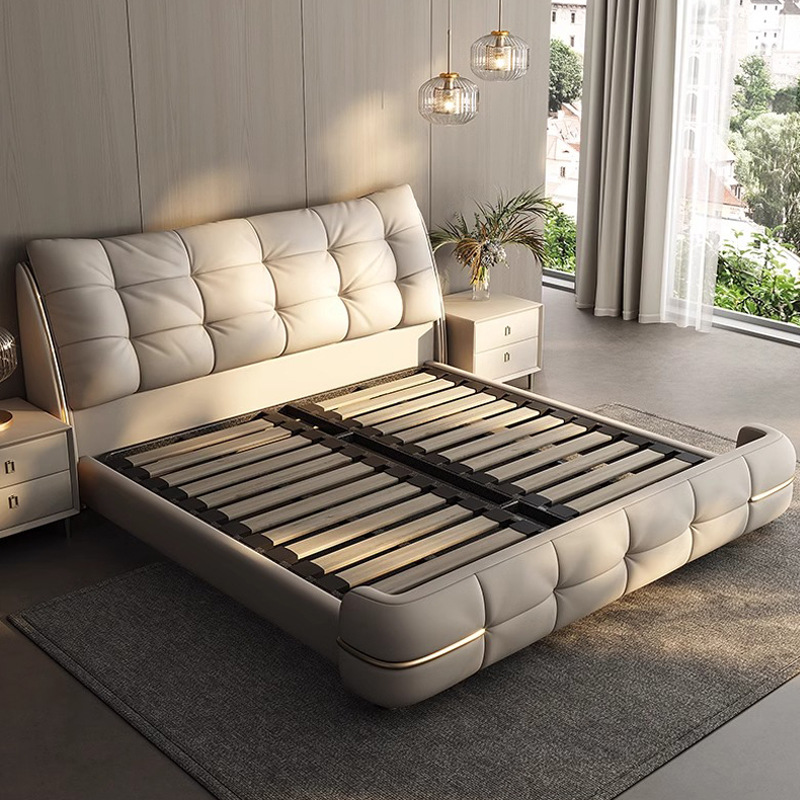 Cama de cuero moderna y simple, cama de lujo, cama doble de alta calidad, cama de matrimonio de envoltura blanda, cama queen size de 2 * 2m