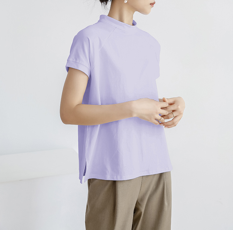 Summer Cotton Solid Color Short Sleeve Women T Shirt French Pullover Women Side Slit