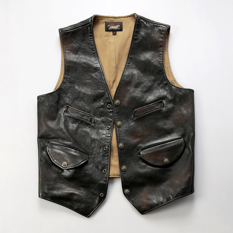 Re-engraved Ami Kaji RL Leather Vest Men's and Women's American Western Casual Motorcycle Cowhide Vest
