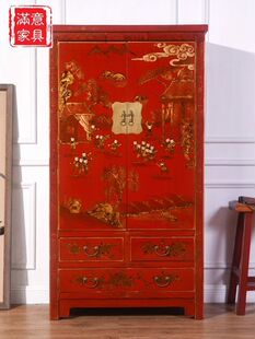 Vintage Solid Wood Integral Large Wardrobe New Chinese Style Hand-painted Wardrobe Bedroom Home Clearance Cabinet Simple Spot