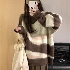 美拉德撞色条纹套头毛衣女2025秋冬新款复古宽松显瘦软糯针织衫潮