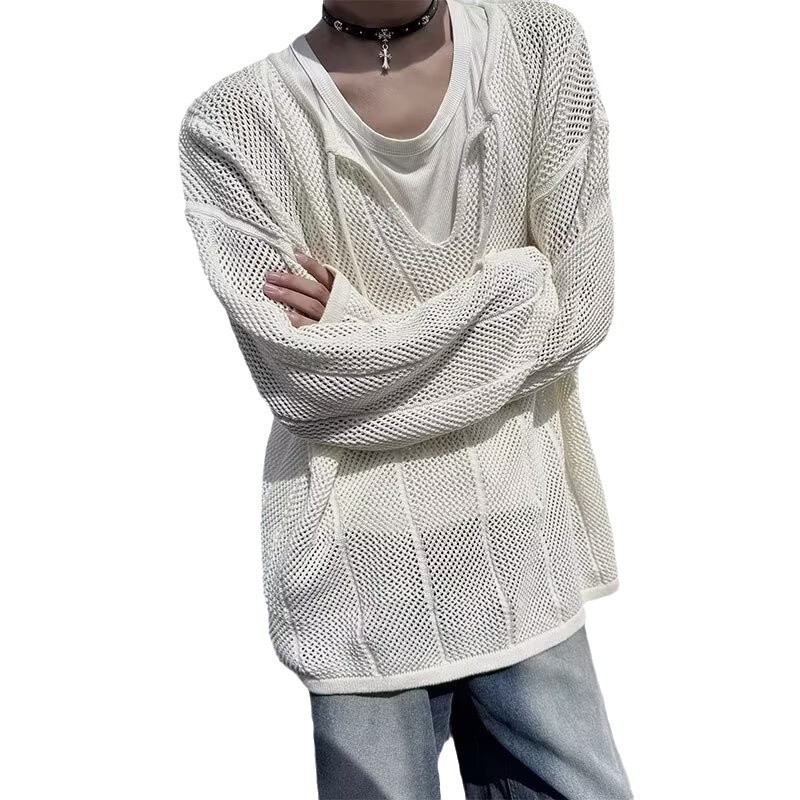 Hombres y mujeres, camisas de punto huecas, nuevas camisas de moda sueltas, camisas de protección solar delgadas, camisas de cuello en V, camisas de manga larga, camisas de moda