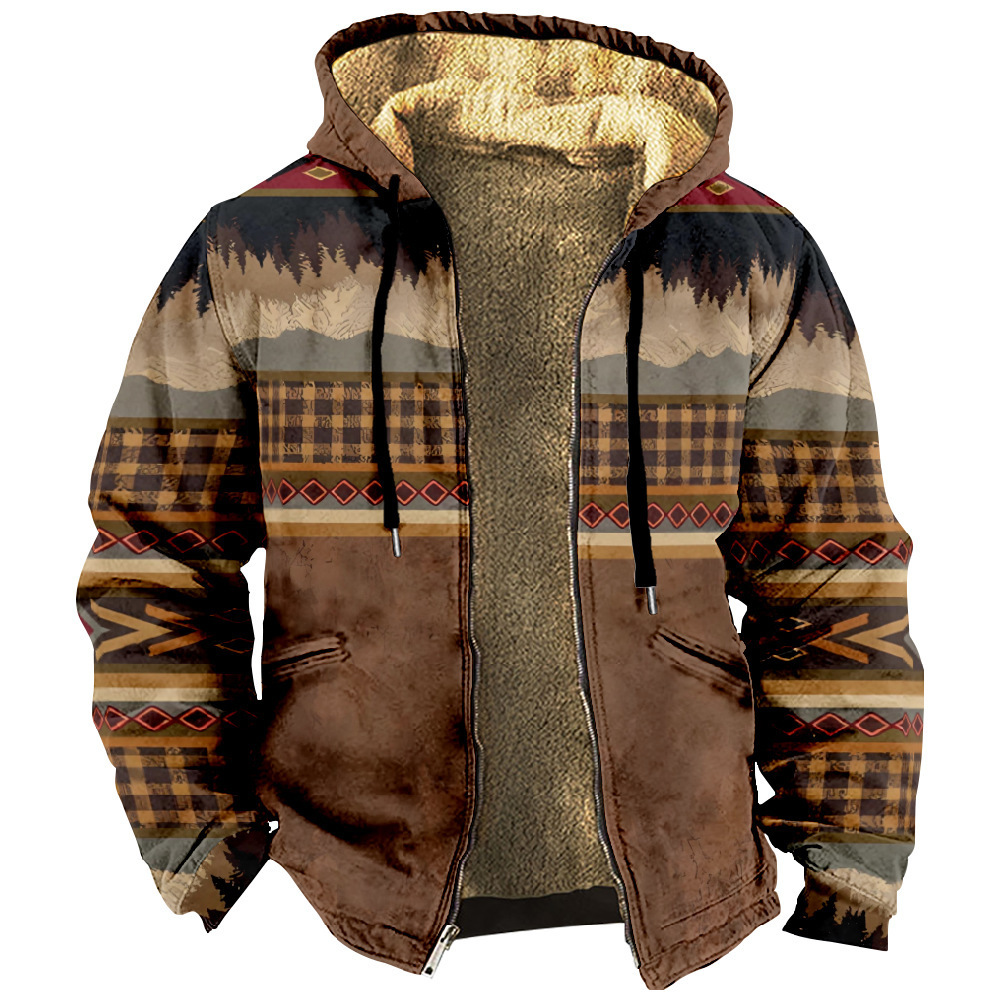 2025跨境新品复古印花休闲时尚男装衫夹克加绒拉链外套