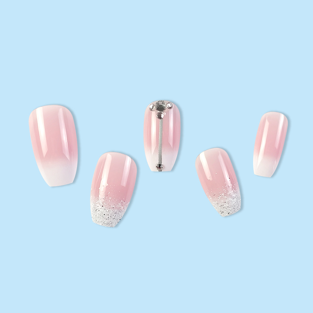 Color rosa blanco color gradiente de plata brillante de diamante de manicura transfronteriza venta caliente suave ligera de lujo desgaste de uñas 24 piezas de parche de uñas falsas image 4