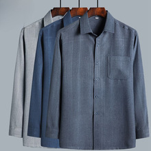 跨境中老年男士长袖衬衫春夏季薄款宽松棉麻衬衣老年人爷爷大码爸