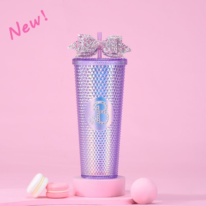 Taza de paja de plástico de doble capa 710ml taza de paja de gran capacidad con brillo arco mano taza Durian taza