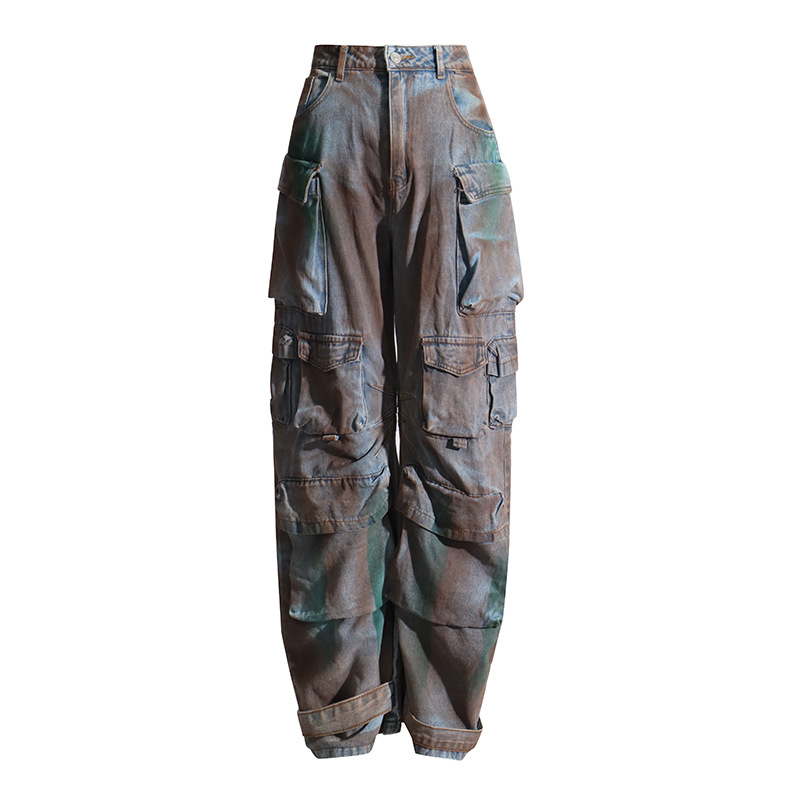 Pantalones de estilo de herramientas de moda 2025 verano nuevo estilo costura diseño de bolsillo de alta calidad cintura alta pantalones vaqueros delgados mujeres