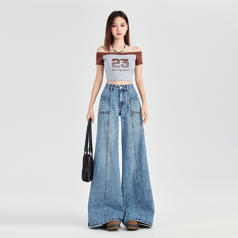 慕韩舍 美式中低腰分割线条设计宽松阔腿喇叭裤牛仔裤子大阔腿裤