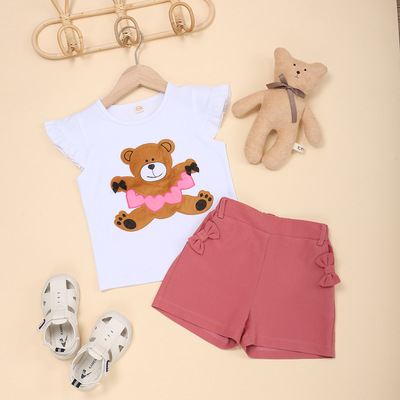 新款跨进夏季童装飞袖可爱小熊女童短袖纯棉蝴蝶结松紧短裤两件套