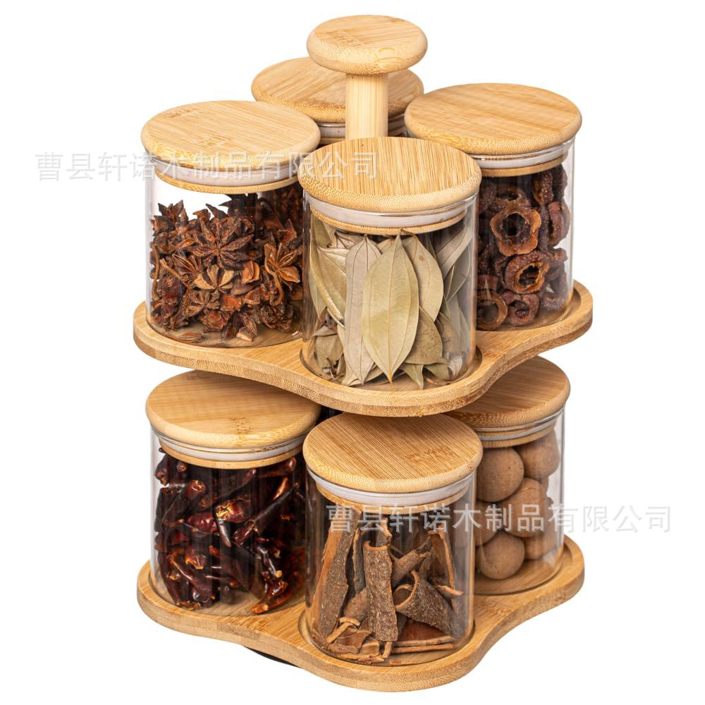 Double-layer rotating bamboo spice jar storage rack kitchen spice storage rack multi-layer spice jar desktop storage rack