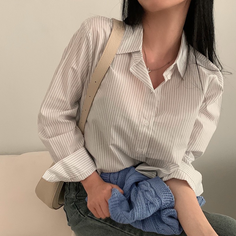 跨境秋季新款韩国chic基础款简约休闲条纹衬衫高级感长袖女式衬衣|undefined
