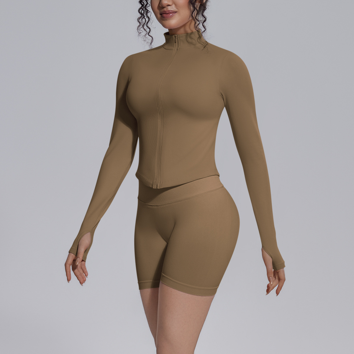 Cross-border sin costuras color sólido apretado elástico transpirable de cuello vertical chaqueta con cremallera deportiva correr fitness yoga set mujer
