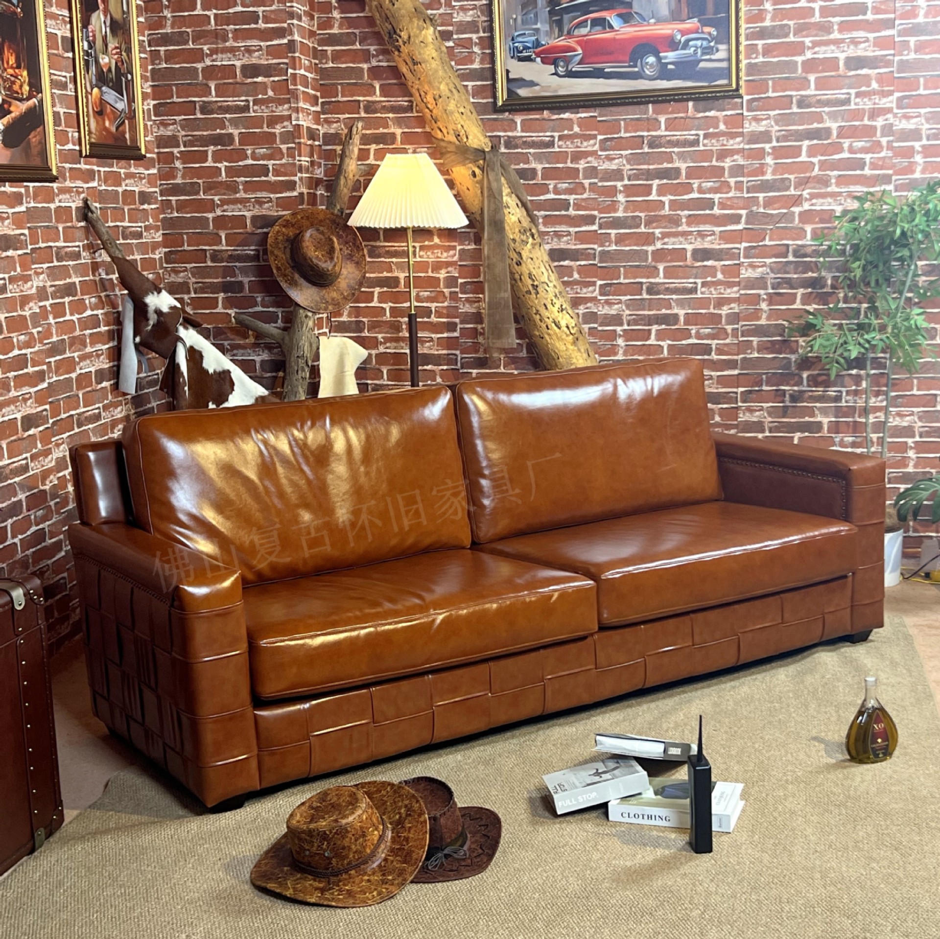 Medieval Style Oil Wax Genuine Leather Checkered Sofa Retro Leather Sofa Living Room Designer Straight Three-Seat Sofa