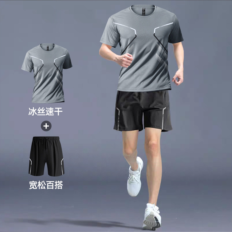 速乾性 Tシャツメンズスポーツスーツルーズアイスシルクランニングスーツカップル夏のアウトドアフィットネススーツ半袖スーツ|undefined