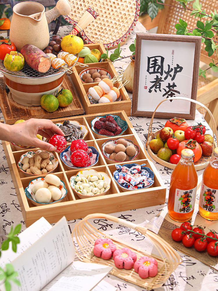 茶点竹九宫格新中式围炉煮茶干果果盘点心零食四宫格托盘冰茶