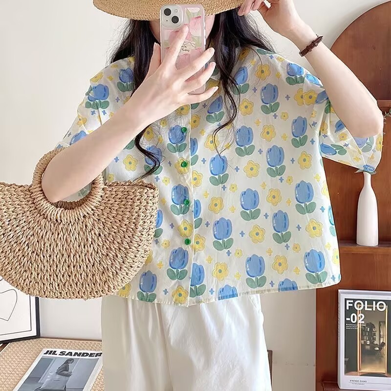 海辺のリゾートスタイルの花柄シャツ夏ルーズカジュアル香港スタイルレトロフラワールーズ半袖シャツ女性のトップ|undefined