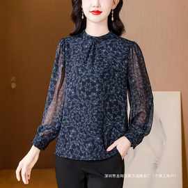 高端品牌女士上衣真丝垂感印花气质小衫妈妈大码夏季宽松雪纺衬衣