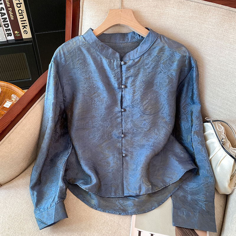 New Chinese Style Women's Shirt Jacquard Stand Collar Double-Breasted National Style Mulberry Silk Top Autum Long-Sleeved Classy Silk Shirt New Chinese Style Women's Shirt Jacquard Stand Collar Double-Breasted National Style Mulberry Silk Top Autum Long-Sleeved Classy Silk Shirt