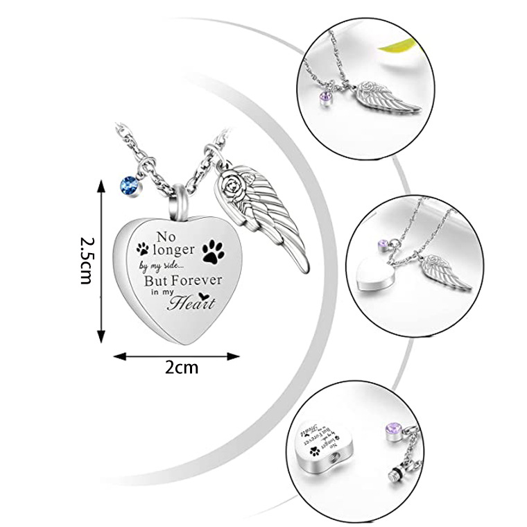 Moda nuevo producto conmemorativo parientes collar de mascotas con cenizas cabello perfume colgante de acero inoxidable en forma de corazón collar de alas