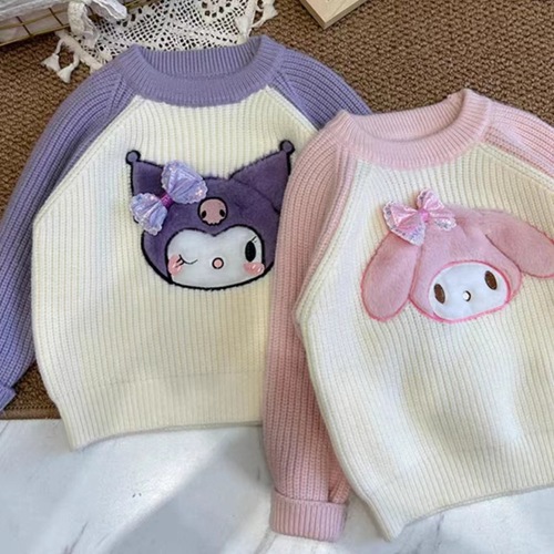 Children's Hooded Sweater  New Kuromi Cartoon Knit Top for Girls Baby Thick Autumn Winter Sweater Cute Korean Style